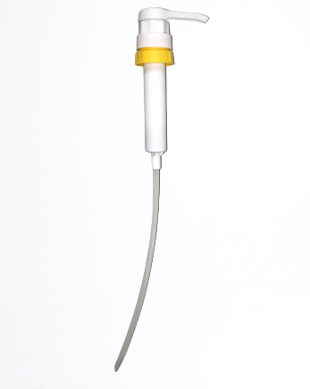 A white and yellow 5 gallon pail pump.

